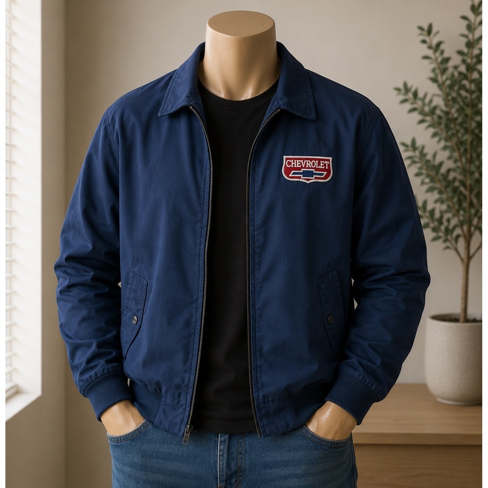 Vintage King Louie Pro Fit Chevrolet Navy Blue Harrington Jacket Plaid‎ Lined XL